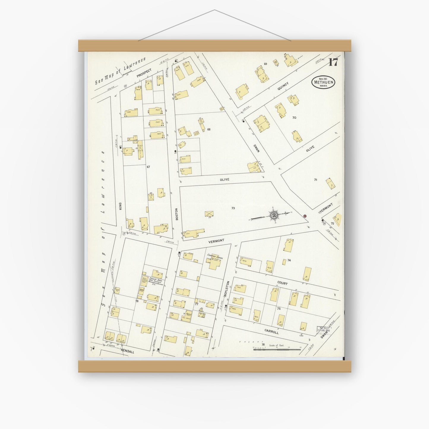 Old map wall art mockup — magnetic wood frame on white wall — Sanborn Fire Insurance Map from Methuen, Essex County, Massachusetts (1911), Sheet #0017