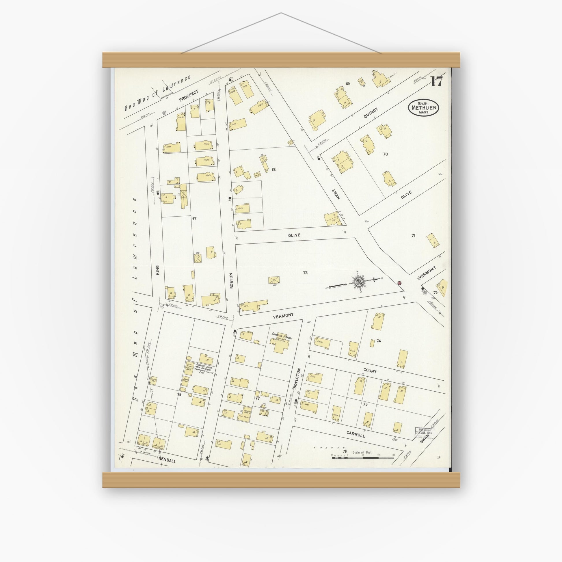 Old map wall art mockup — magnetic wood frame on white wall — Sanborn Fire Insurance Map from Methuen, Essex County, Massachusetts (1911), Sheet #0017