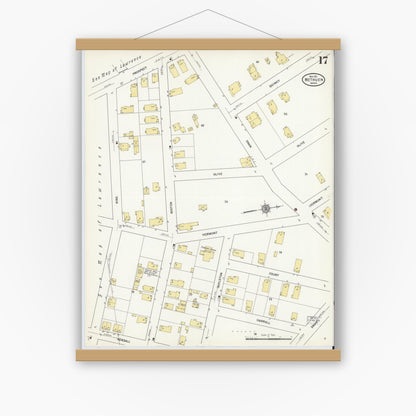 Old map wall art mockup — magnetic wood frame on white wall — Sanborn Fire Insurance Map from Methuen, Essex County, Massachusetts (1911), Sheet #0017