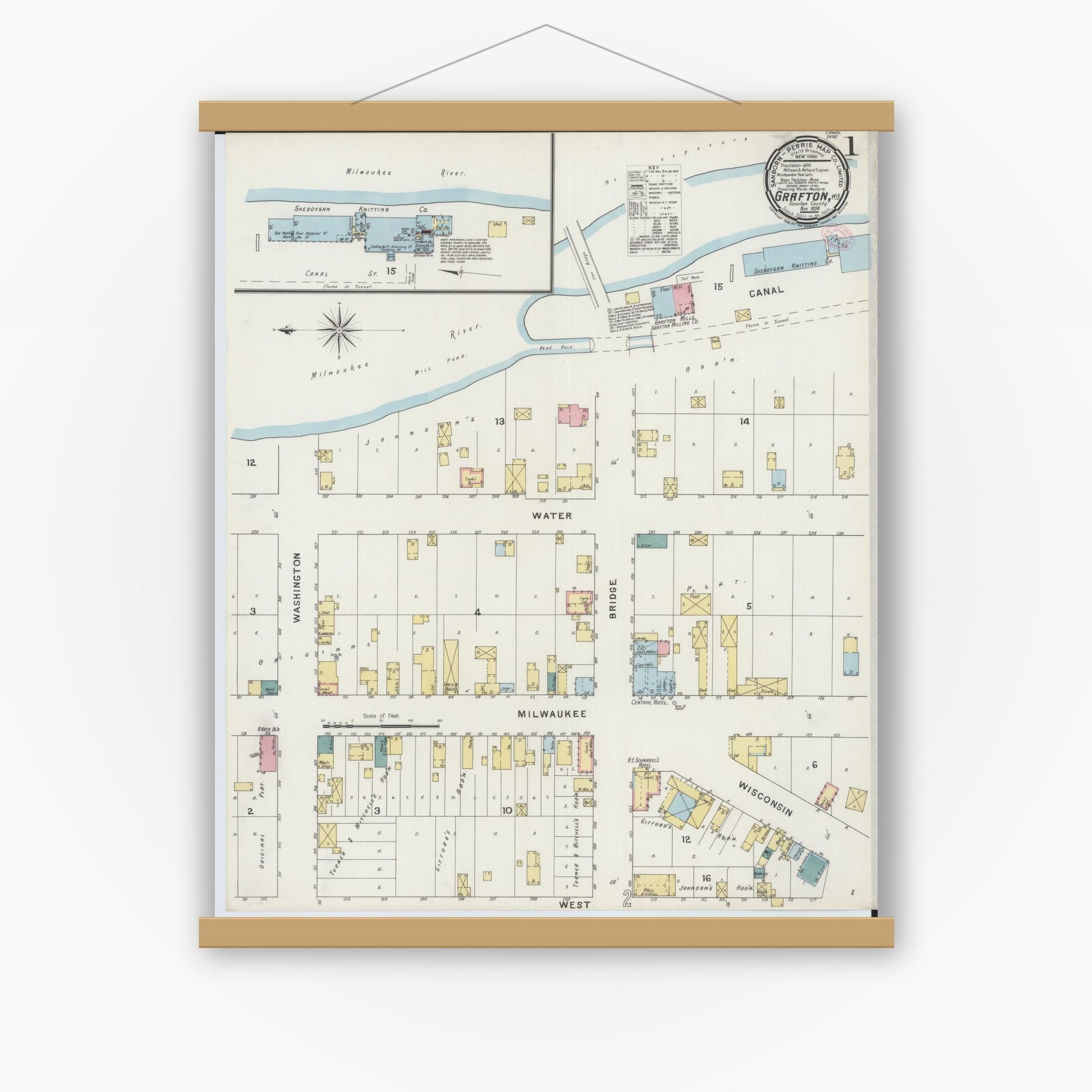Old map wall art mockup — magnetic wood frame on white wall — Sanborn Fire Insurance Map from Grafton, Ozankee County, Wisconsin (1894) - Complete Map Set