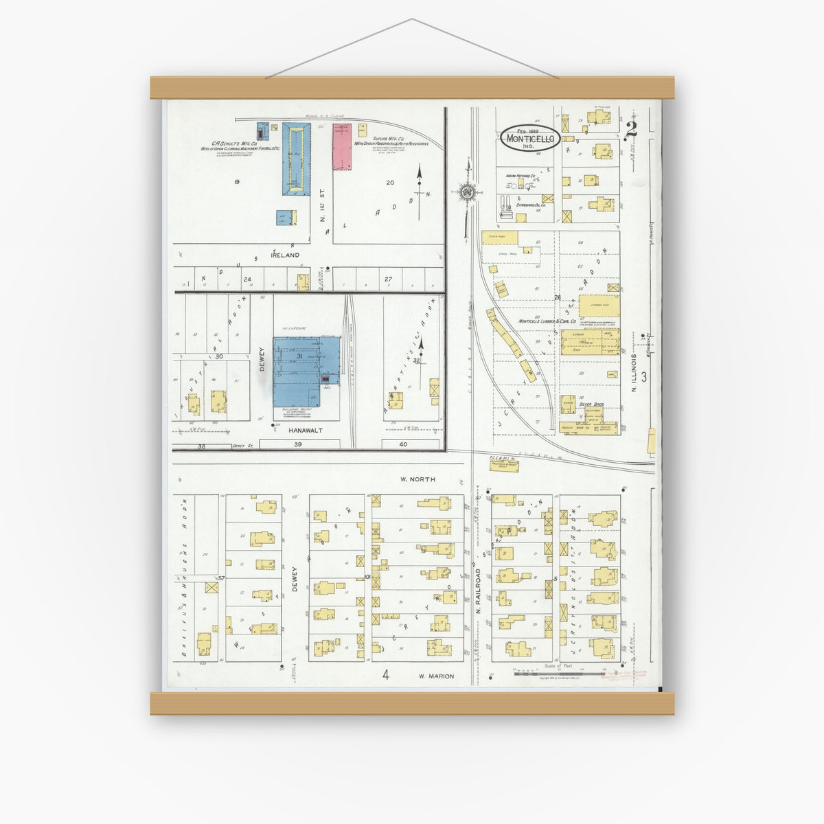 Old map wall art mockup — magnetic wood frame on white wall — Sanborn Fire Insurance Map from Monticello, White County, Indiana (1919), Sheet #0002