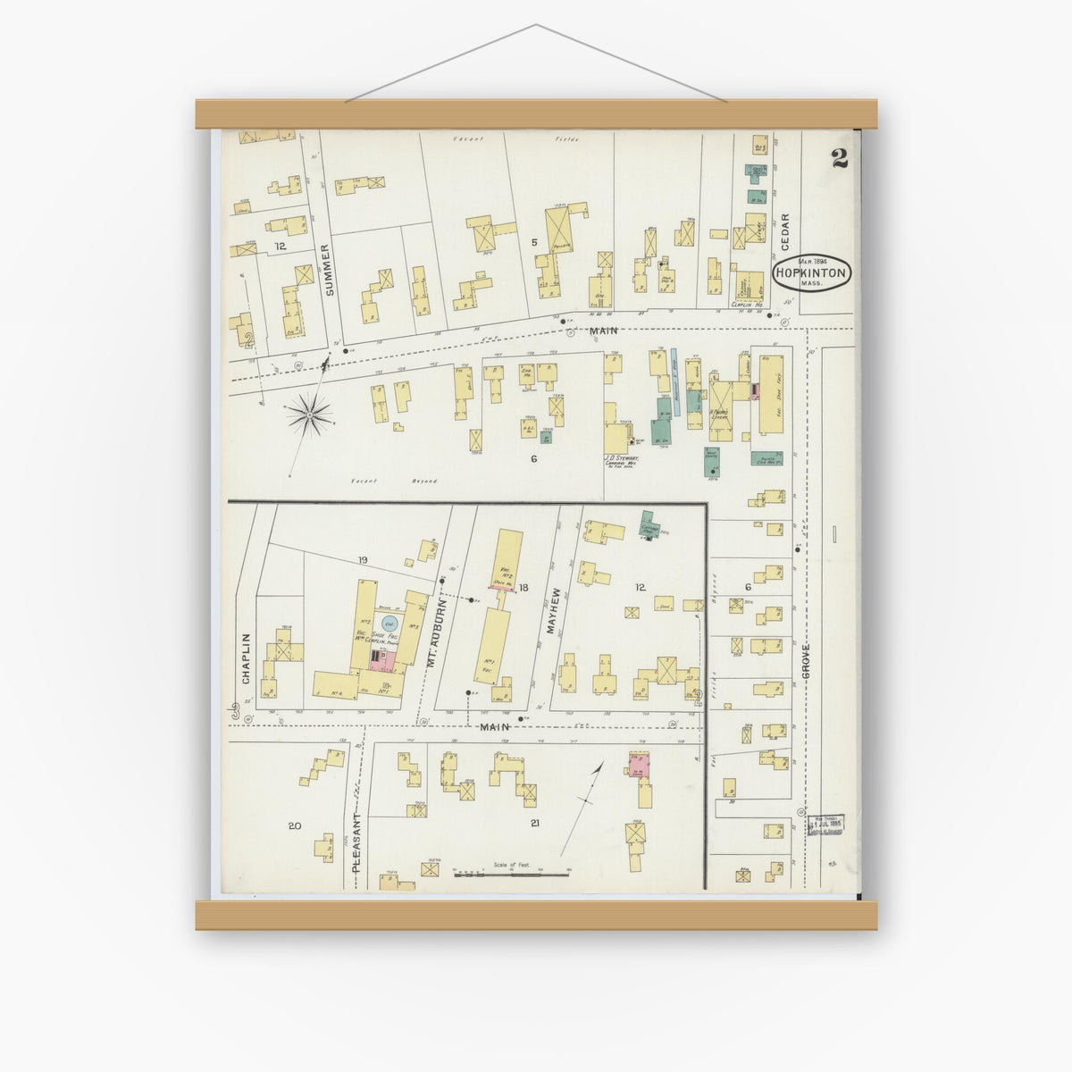 Old map wall art mockup — magnetic wood frame on white wall — Sanborn Fire Insurance Map from Hopkinton, Middlesex County, Massachusetts (1894), Sheet #0002