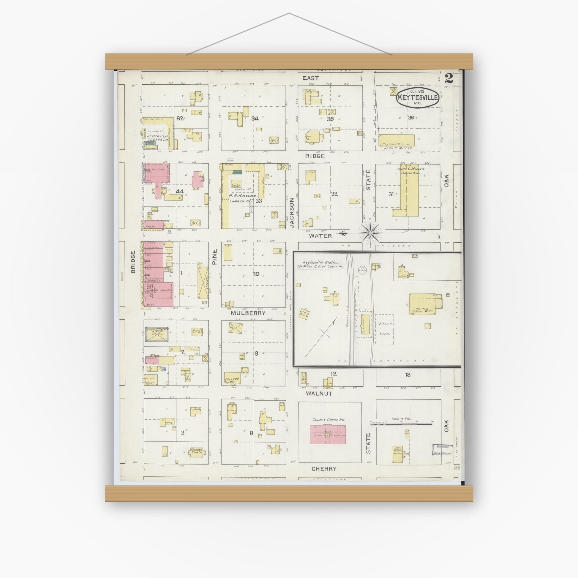 Old map wall art mockup — magnetic wood frame on white wall — Sanborn Fire Insurance Map from Keytesville, Chariton County, Missouri (1893), Sheet #0002