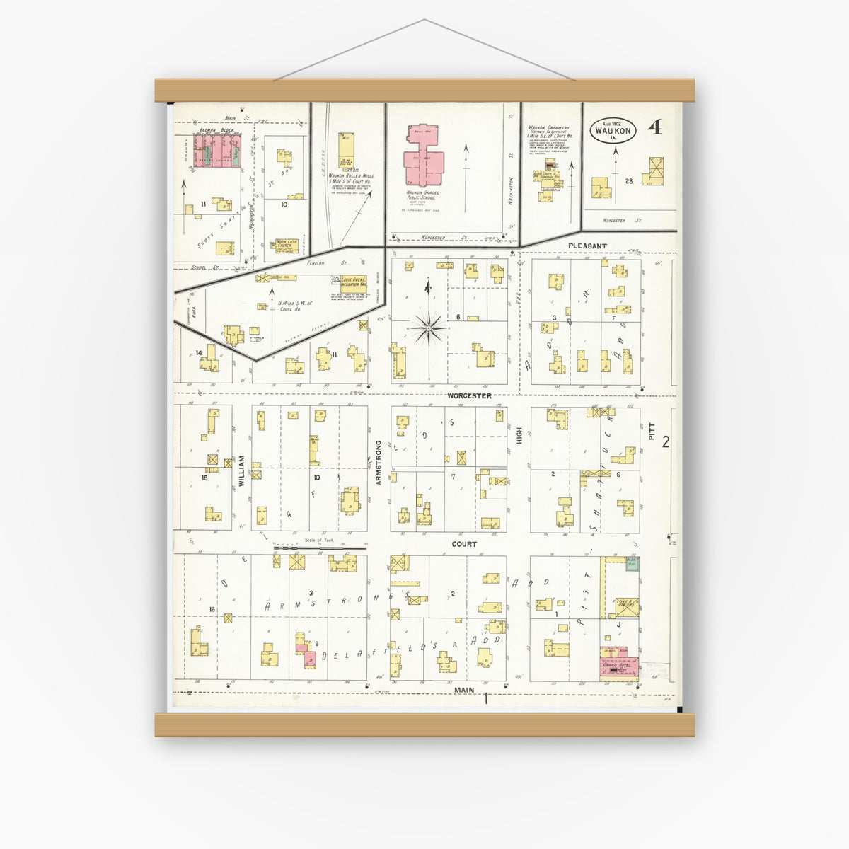 Old map wall art mockup — magnetic wood frame on white wall — Sanborn Fire Insurance Map from Waukon, Allamakee County, Iowa (1902), Sheet #0004