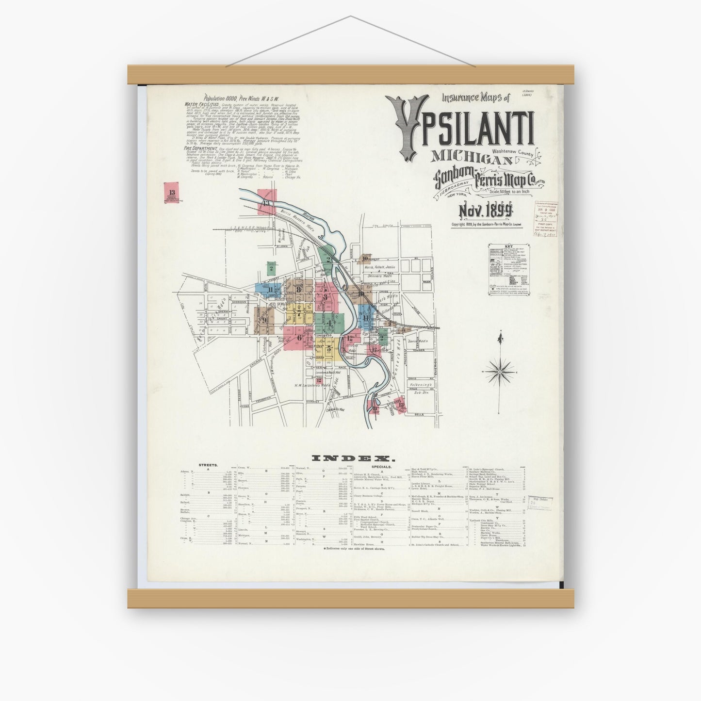 Old map wall art mockup — magnetic wood frame on white wall — Sanborn Fire Insurance Map from Ypsilanti, Washtenaw County, Michigan (1899) - Complete Map Set