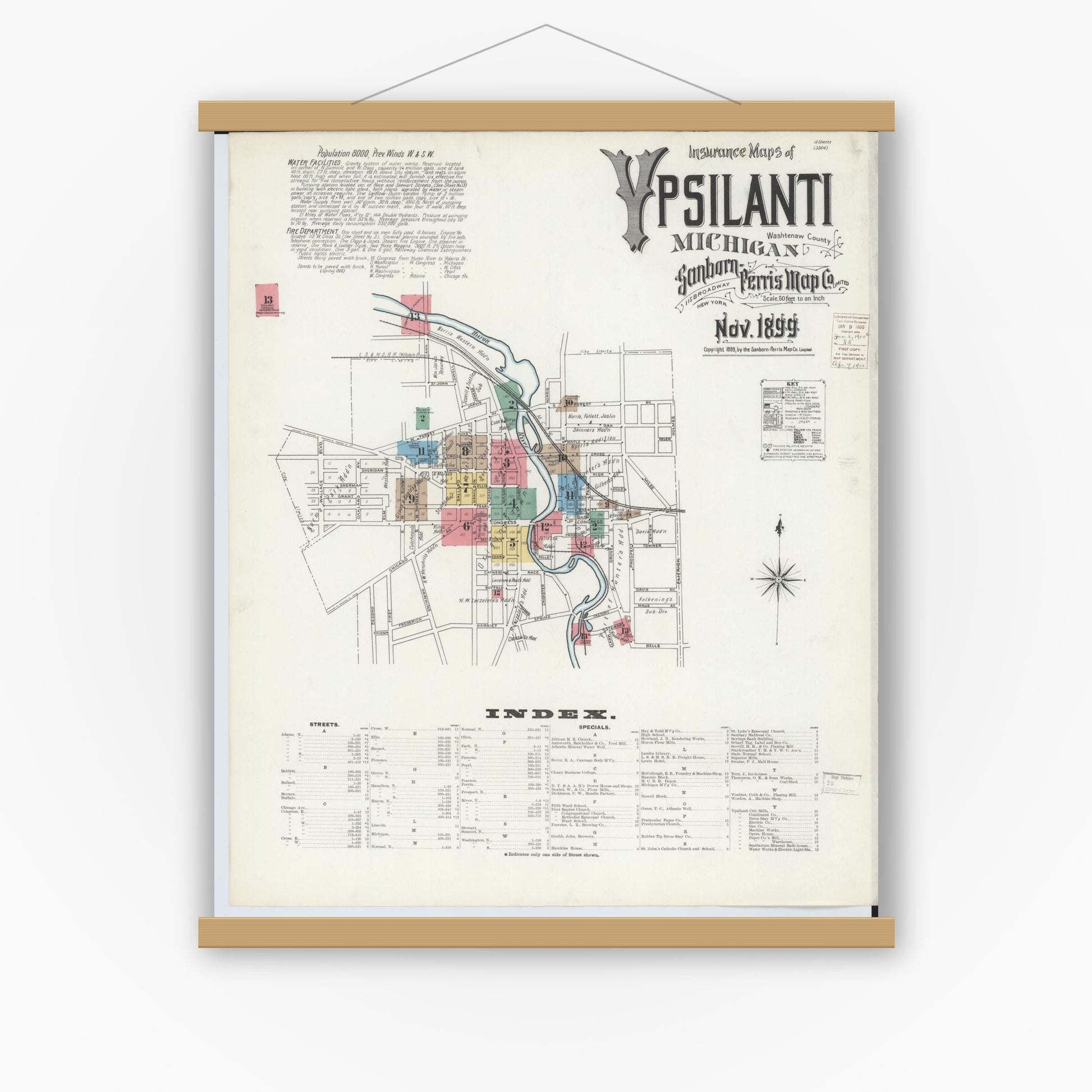 Old map wall art mockup — magnetic wood frame on white wall — Sanborn Fire Insurance Map from Ypsilanti, Washtenaw County, Michigan (1899) - Complete Map Set