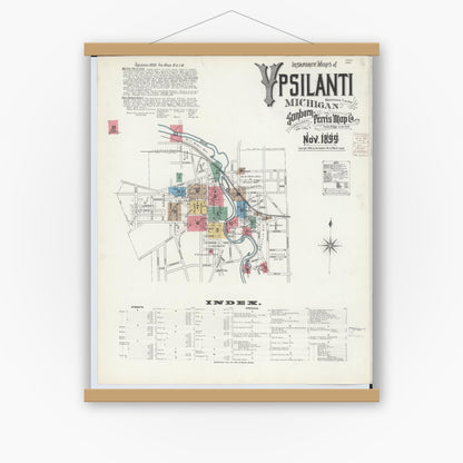 Old map wall art mockup — magnetic wood frame on white wall — Sanborn Fire Insurance Map from Ypsilanti, Washtenaw County, Michigan (1899) - Complete Map Set