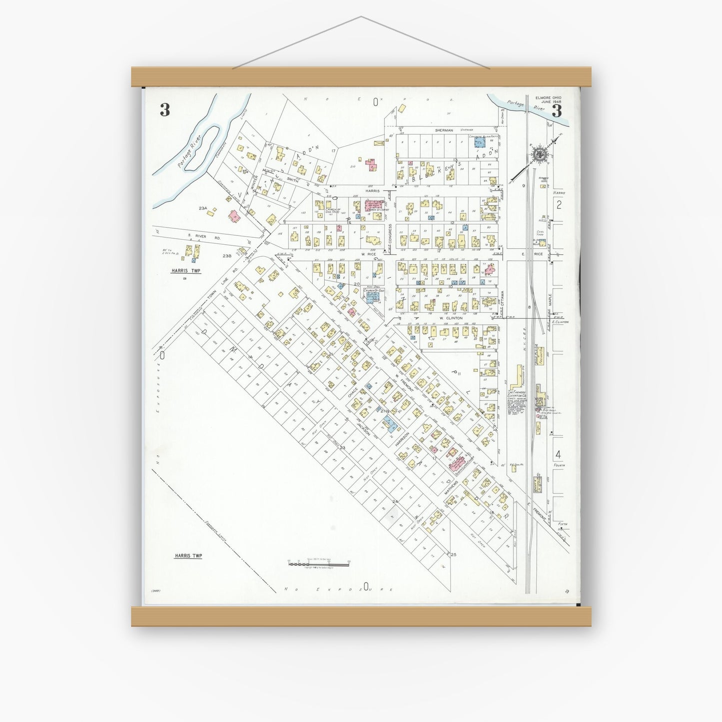 Old map wall art mockup — magnetic wood frame on white wall — Sanborn Fire Insurance Map from Elmore, Ottawa County, Ohio (1948), Sheet #0003
