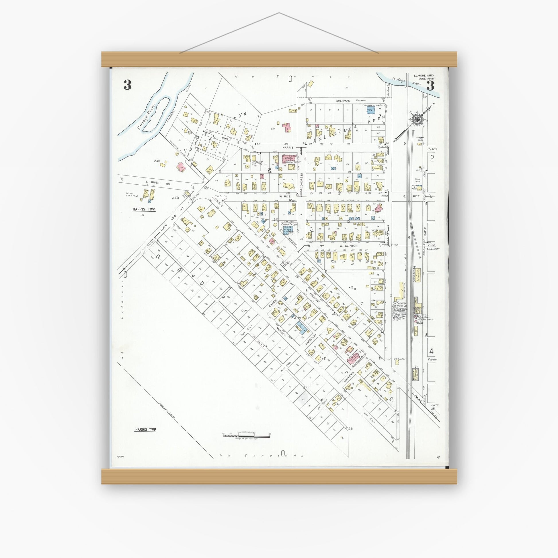 Old map wall art mockup — magnetic wood frame on white wall — Sanborn Fire Insurance Map from Elmore, Ottawa County, Ohio (1948), Sheet #0003