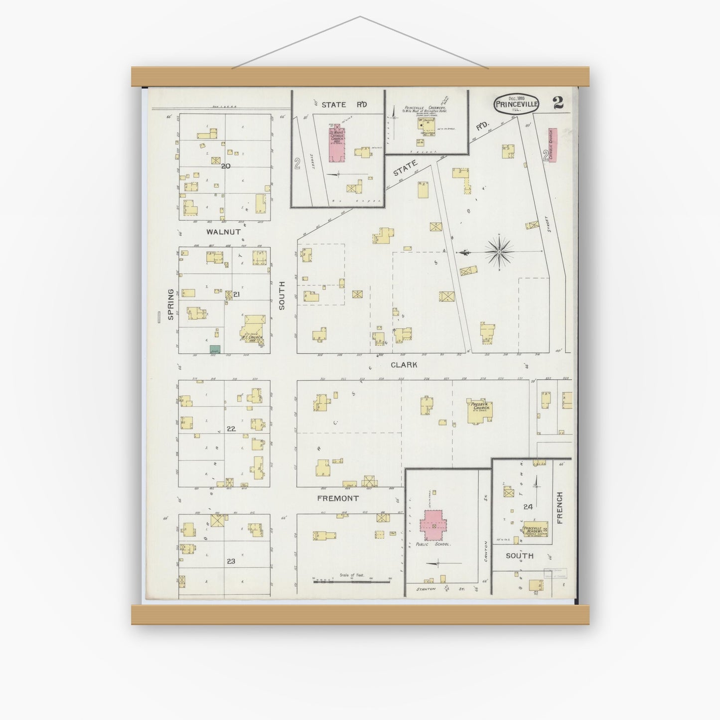 Old map wall art mockup — magnetic wood frame on white wall — Sanborn Fire Insurance Map from Princeville, Peoria County, Illinois (1893), Sheet #0002