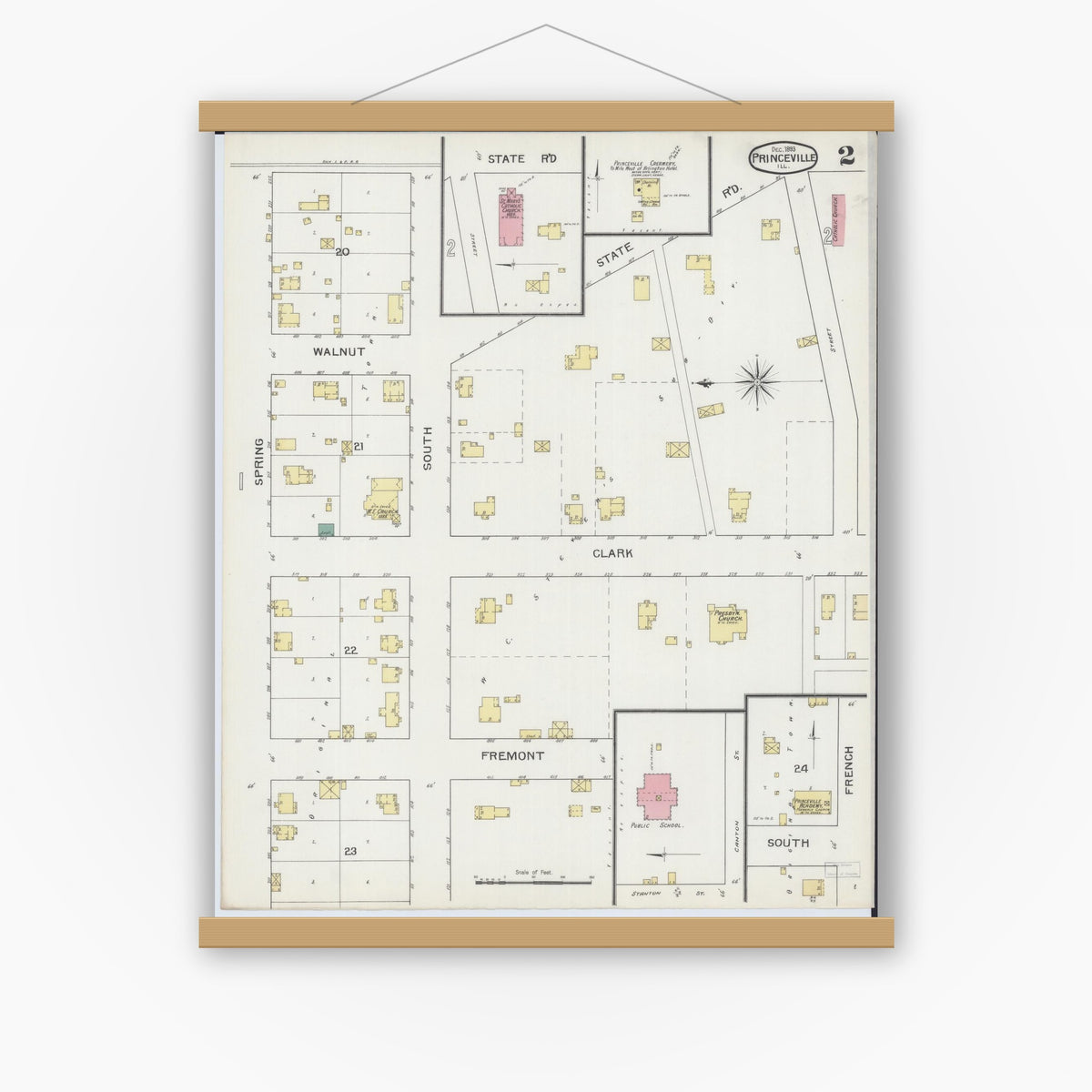 Old map wall art mockup — magnetic wood frame on white wall — Sanborn Fire Insurance Map from Princeville, Peoria County, Illinois (1893), Sheet #0002