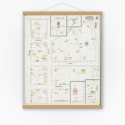 Old map wall art mockup — magnetic wood frame on white wall — Sanborn Fire Insurance Map from Princeville, Peoria County, Illinois (1893), Sheet #0002