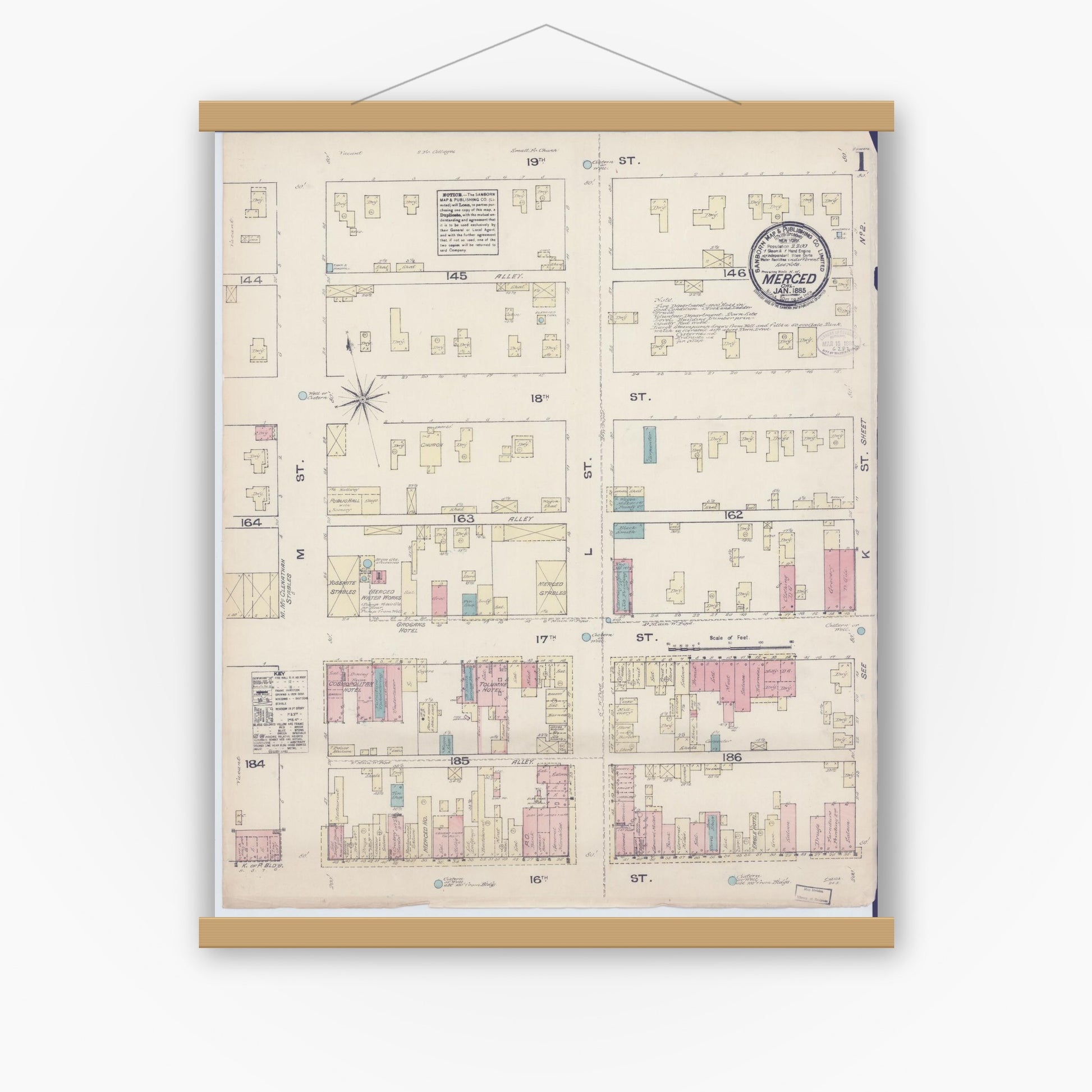 Old map wall art mockup — magnetic wood frame on white wall — Sanborn Fire Insurance Map from Merced, Merced County, California (1885) - Complete Map Set