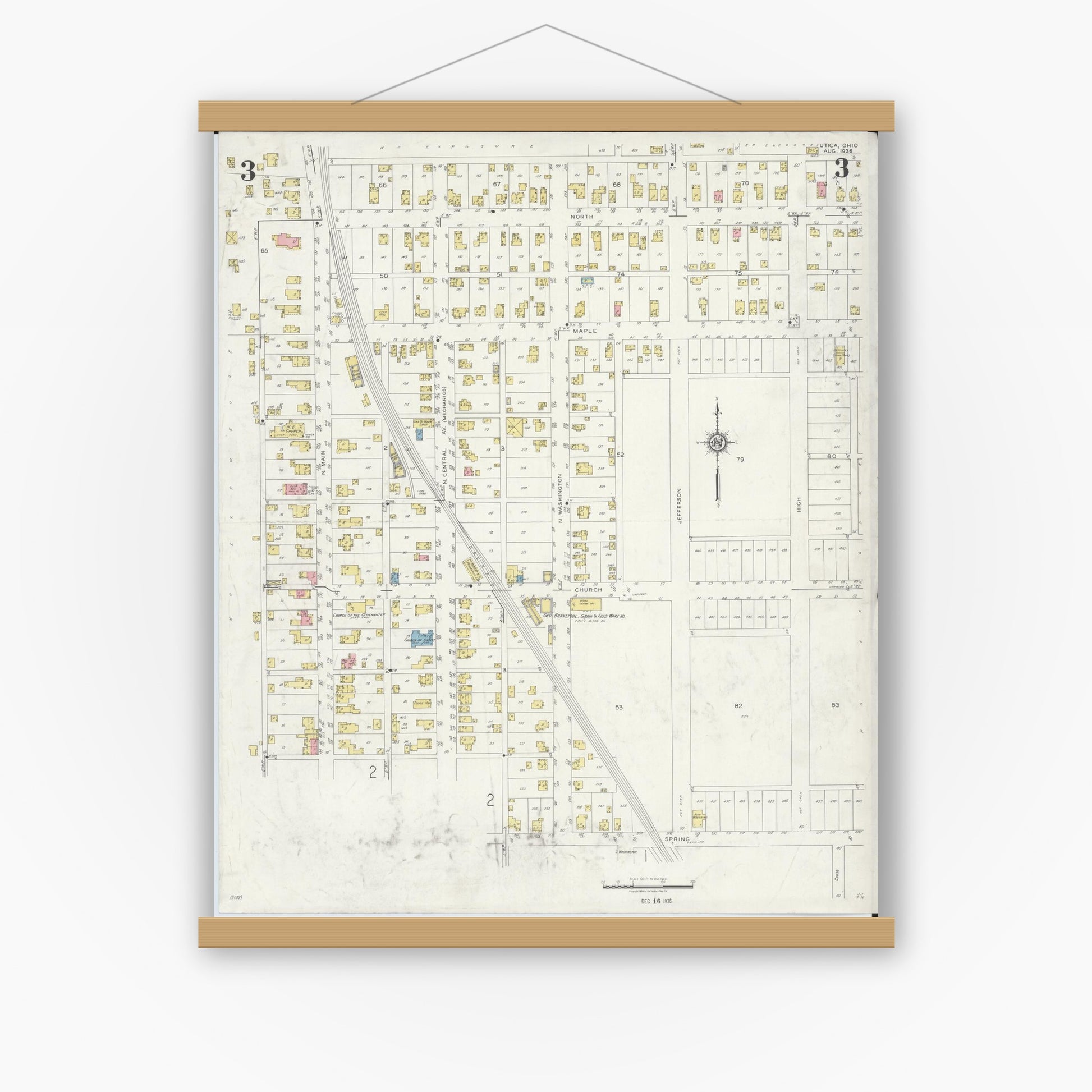 Old map wall art mockup — magnetic wood frame on white wall — Sanborn Fire Insurance Map from Utica, Licking County, Ohio (1936), Sheet #0003