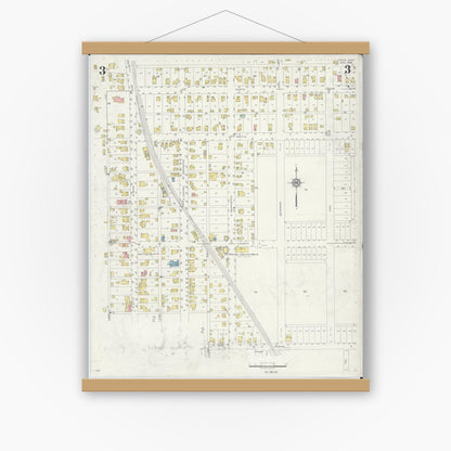 Old map wall art mockup — magnetic wood frame on white wall — Sanborn Fire Insurance Map from Utica, Licking County, Ohio (1936), Sheet #0003