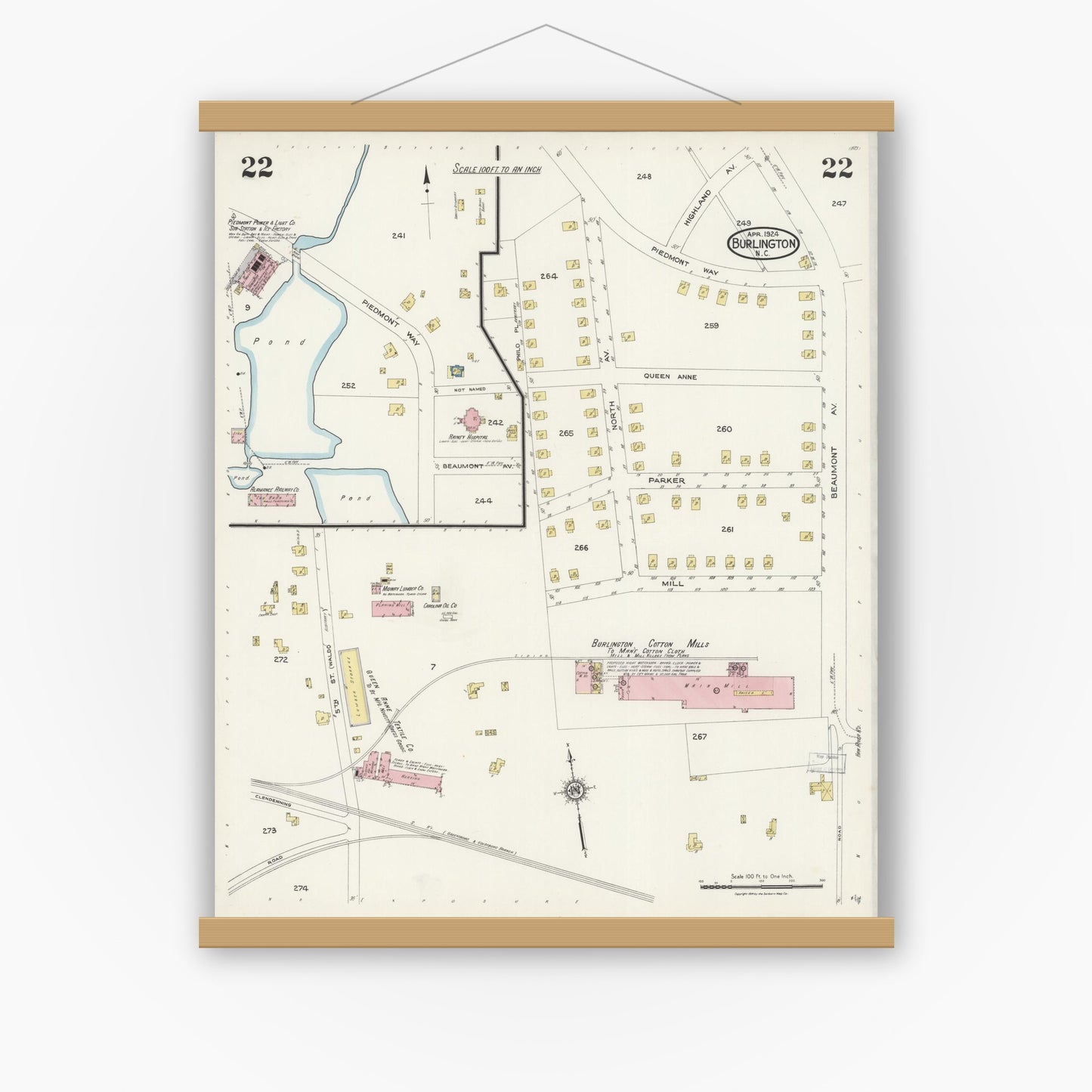 Old map wall art mockup — magnetic wood frame on white wall — Sanborn Fire Insurance Map from Burlington, Alamance County, North Carolina (1924), Sheet #0022