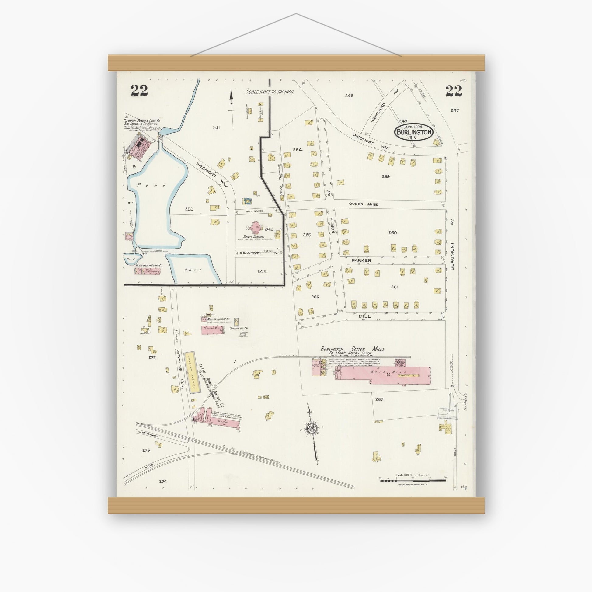 Old map wall art mockup — magnetic wood frame on white wall — Sanborn Fire Insurance Map from Burlington, Alamance County, North Carolina (1924), Sheet #0022