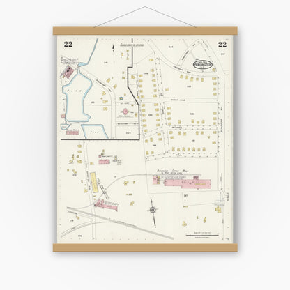 Old map wall art mockup — magnetic wood frame on white wall — Sanborn Fire Insurance Map from Burlington, Alamance County, North Carolina (1924), Sheet #0022