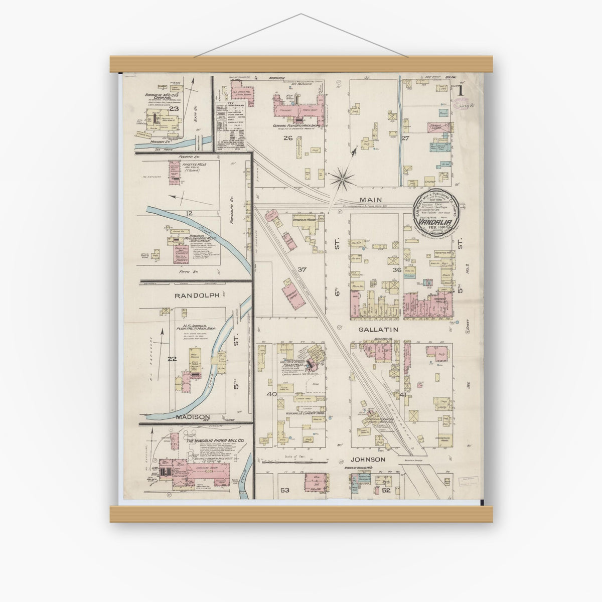 Old map wall art mockup — magnetic wood frame on white wall — Sanborn Fire Insurance Map from Vandalia, Fayette County, Illinois (1886), Sheet #0001