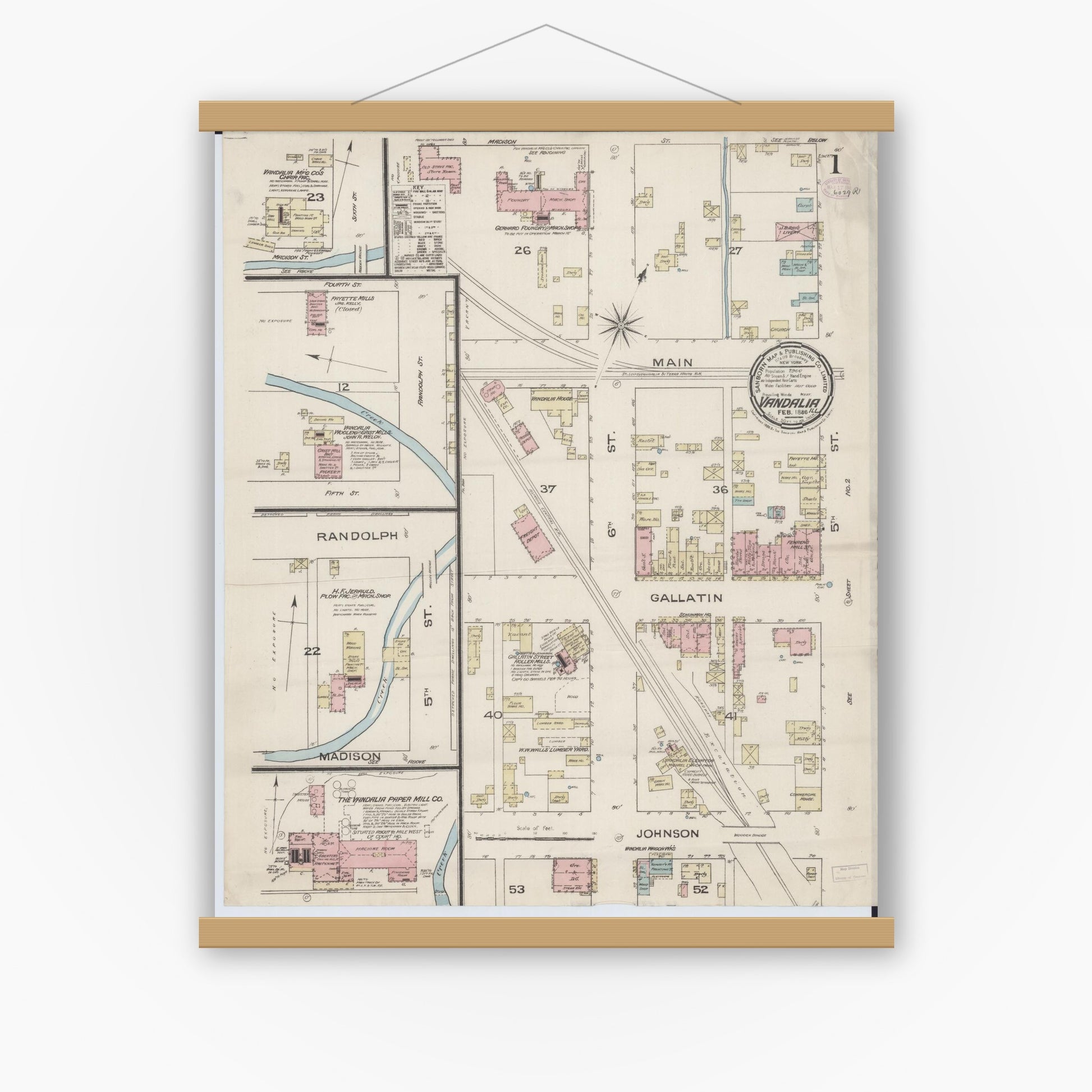 Old map wall art mockup — magnetic wood frame on white wall — Sanborn Fire Insurance Map from Vandalia, Fayette County, Illinois (1886), Sheet #0001