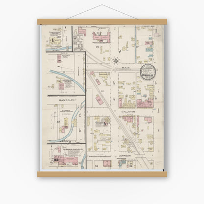 Old map wall art mockup — magnetic wood frame on white wall — Sanborn Fire Insurance Map from Vandalia, Fayette County, Illinois (1886), Sheet #0001