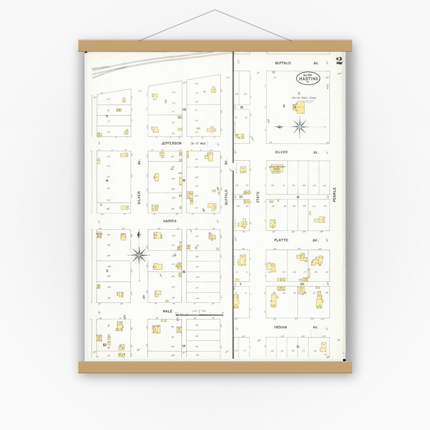 Old map wall art mockup — magnetic wood frame on white wall — Sanborn Fire Insurance Map from Hastings, Mills County, Iowa (1901), Sheet #0002