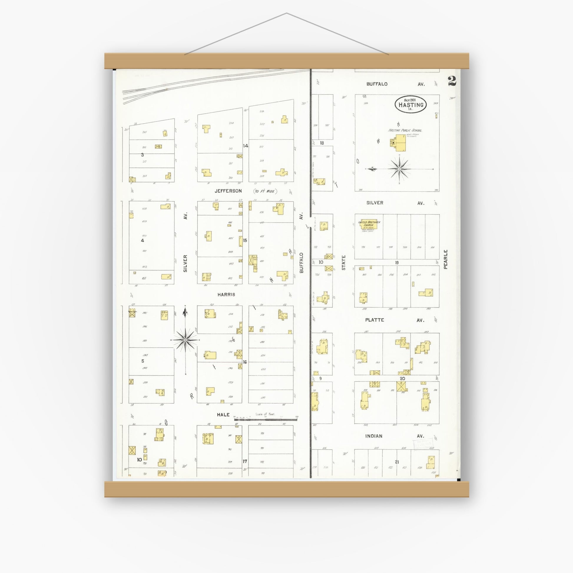 Old map wall art mockup — magnetic wood frame on white wall — Sanborn Fire Insurance Map from Hastings, Mills County, Iowa (1901), Sheet #0002