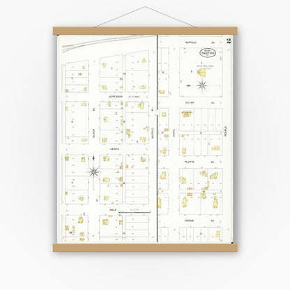 Old map wall art mockup — magnetic wood frame on white wall — Sanborn Fire Insurance Map from Hastings, Mills County, Iowa (1901), Sheet #0002