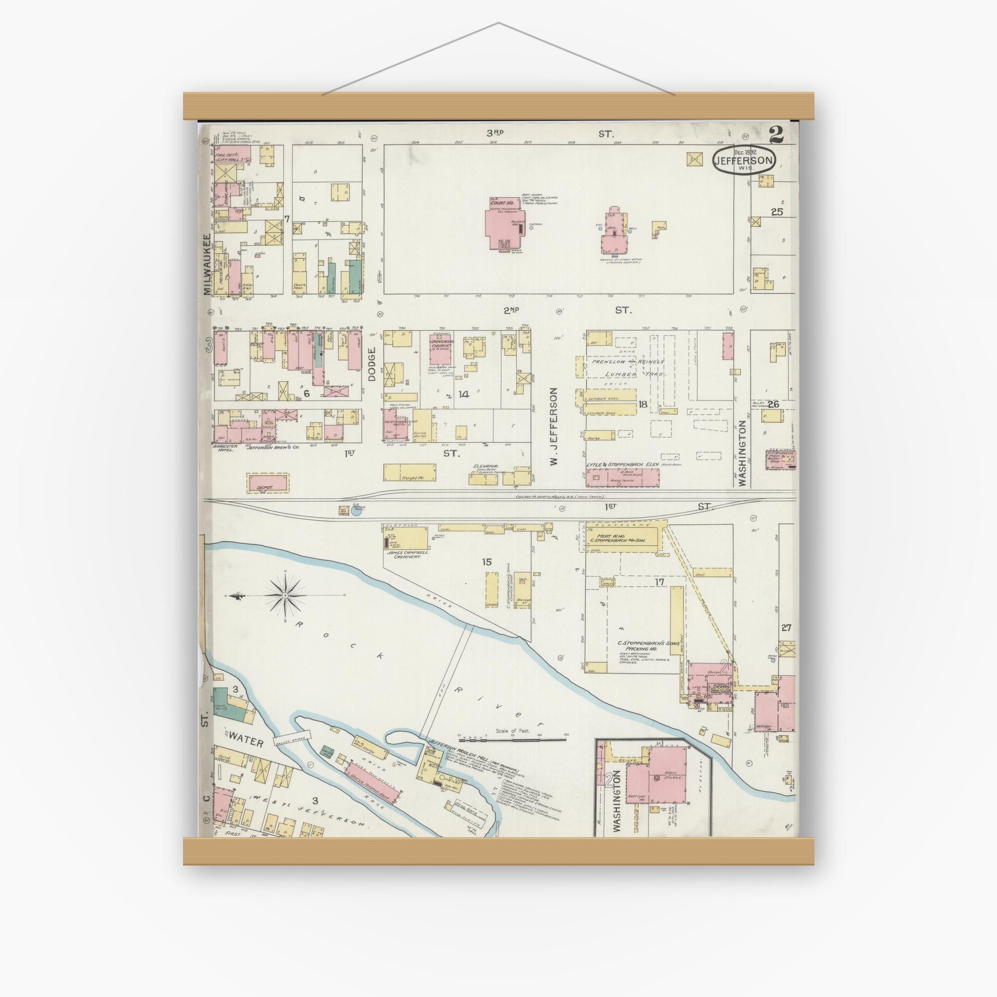 Old map wall art mockup — magnetic wood frame on white wall — Sanborn Fire Insurance Map from Jefferson, Jefferson County, Wisconsin (1892), Sheet #0002