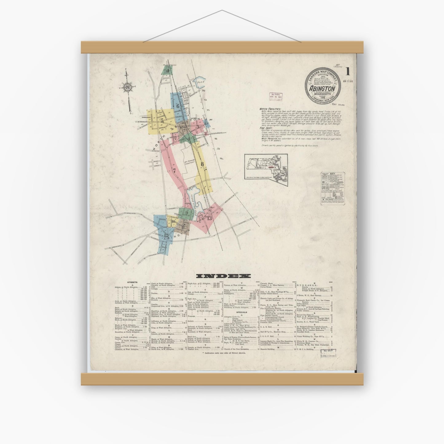 Old map wall art mockup — magnetic wood frame on white wall — Sanborn Fire Insurance Map from Abington, Plymouth County, Massachusetts (1915) - Complete Map Set