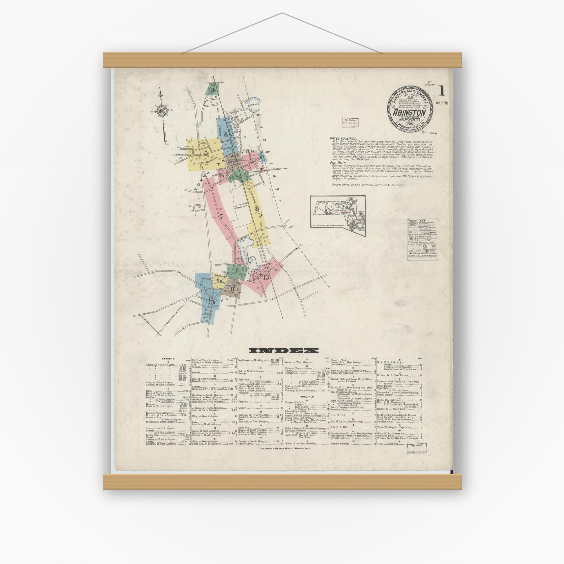 Old map wall art mockup — magnetic wood frame on white wall — Sanborn Fire Insurance Map from Abington, Plymouth County, Massachusetts (1915) - Complete Map Set
