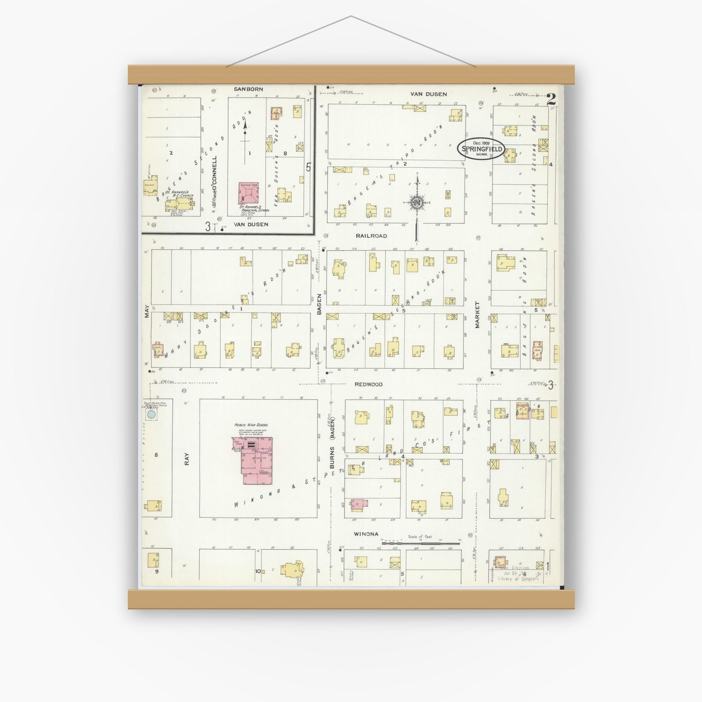 Old map wall art mockup — magnetic wood frame on white wall — Sanborn Fire Insurance Map from Springfield, Brown County, Minnesota (1909), Sheet #0002