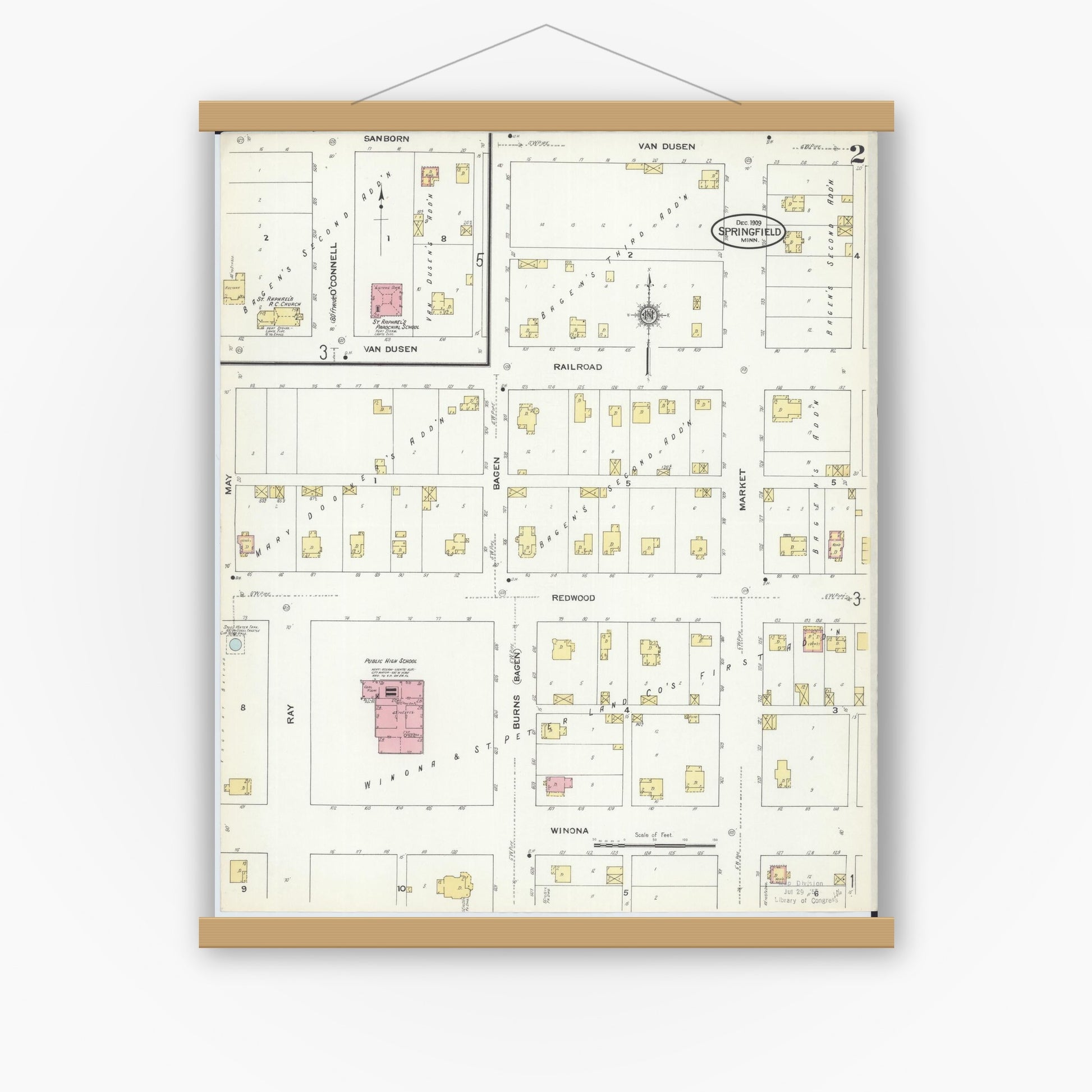 Old map wall art mockup — magnetic wood frame on white wall — Sanborn Fire Insurance Map from Springfield, Brown County, Minnesota (1909), Sheet #0002