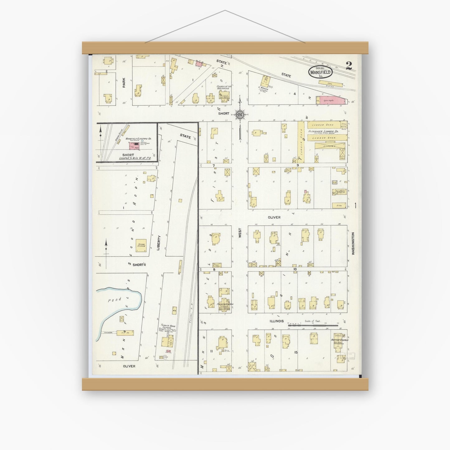 Old map wall art mockup — magnetic wood frame on white wall — Sanborn Fire Insurance Map from Mansfield, Piatt County, Illinois (1911), Sheet #0002