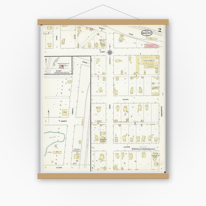 Old map wall art mockup — magnetic wood frame on white wall — Sanborn Fire Insurance Map from Mansfield, Piatt County, Illinois (1911), Sheet #0002
