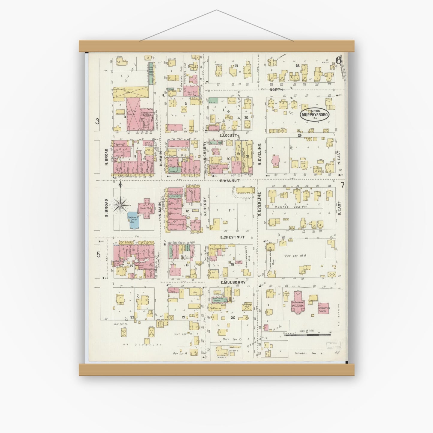 Old map wall art mockup — magnetic wood frame on white wall — Sanborn Fire Insurance Map from Murphysboro, Jackson County, Illinois (1897), Sheet #0006