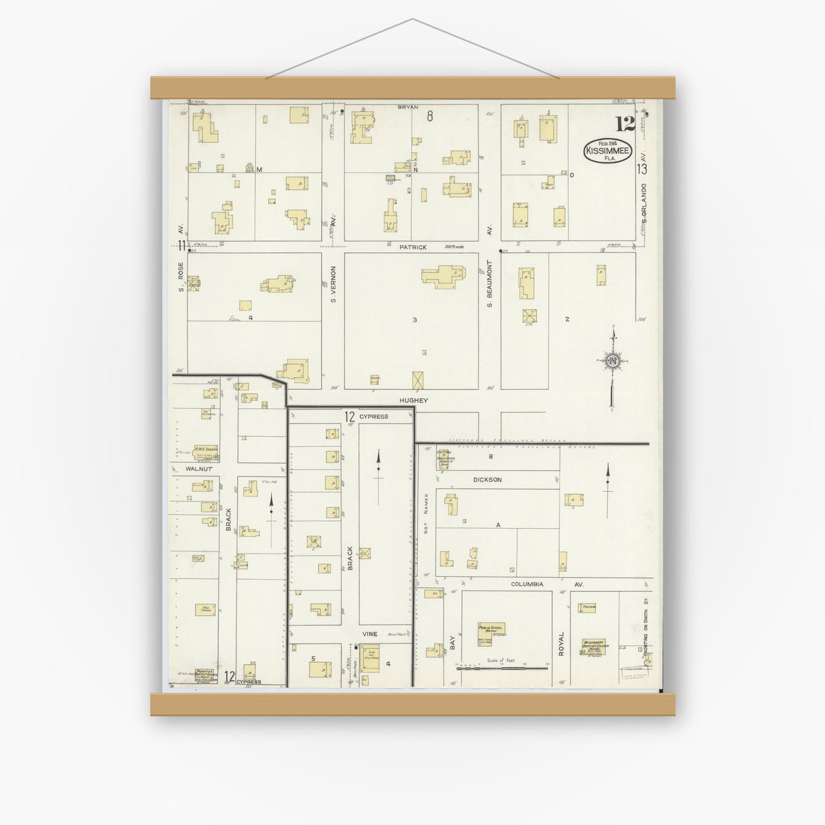 Old map wall art mockup — magnetic wood frame on white wall — Sanborn Fire Insurance Map from Kissimmee, Osceola County, Florida (1914), Sheet #0012