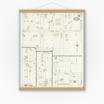 Old map wall art mockup — magnetic wood frame on white wall — Sanborn Fire Insurance Map from Kissimmee, Osceola County, Florida (1914), Sheet #0012