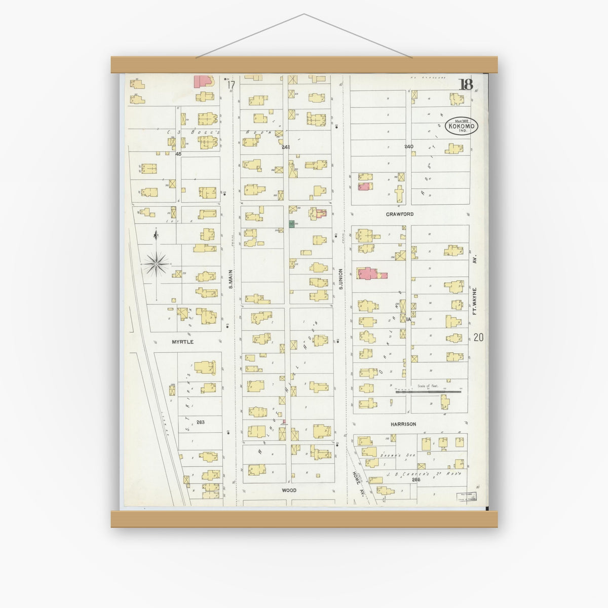 Old map wall art mockup — magnetic wood frame on white wall — Sanborn Fire Insurance Map from Kokomo, Howard County, Indiana (1902), Sheet #0018