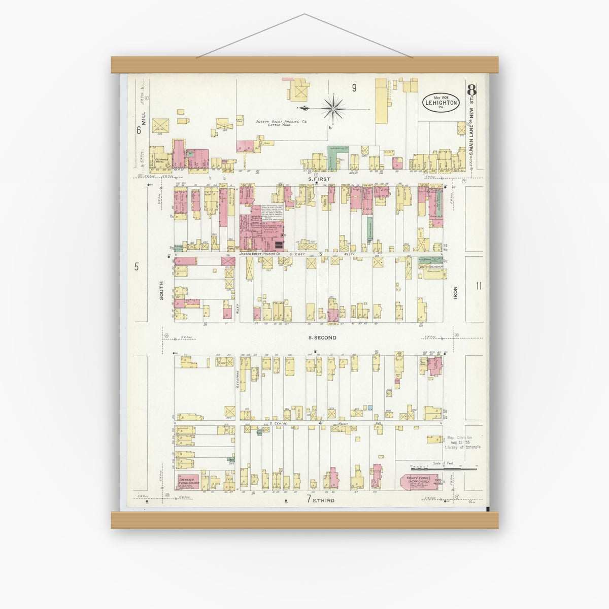 Old map wall art mockup — magnetic wood frame on white wall — Sanborn Fire Insurance Map from Lehighton, Carbon County, Pennsylvania (1908), Sheet #0008