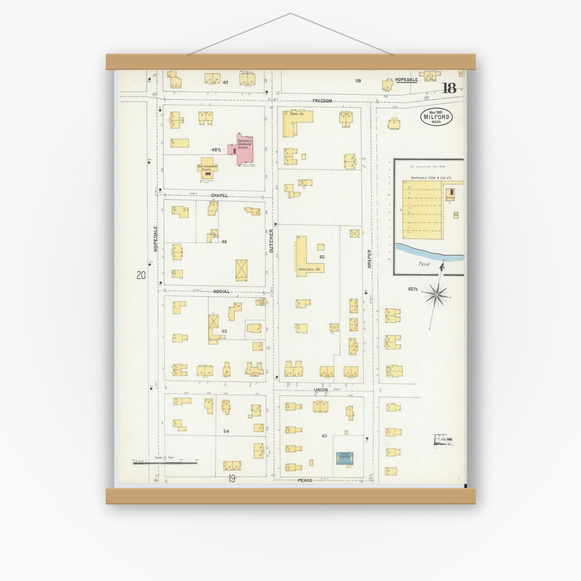 Old map wall art mockup — magnetic wood frame on white wall — Sanborn Fire Insurance Map from Milford, Worcester County, Massachusetts (1903), Sheet #0018