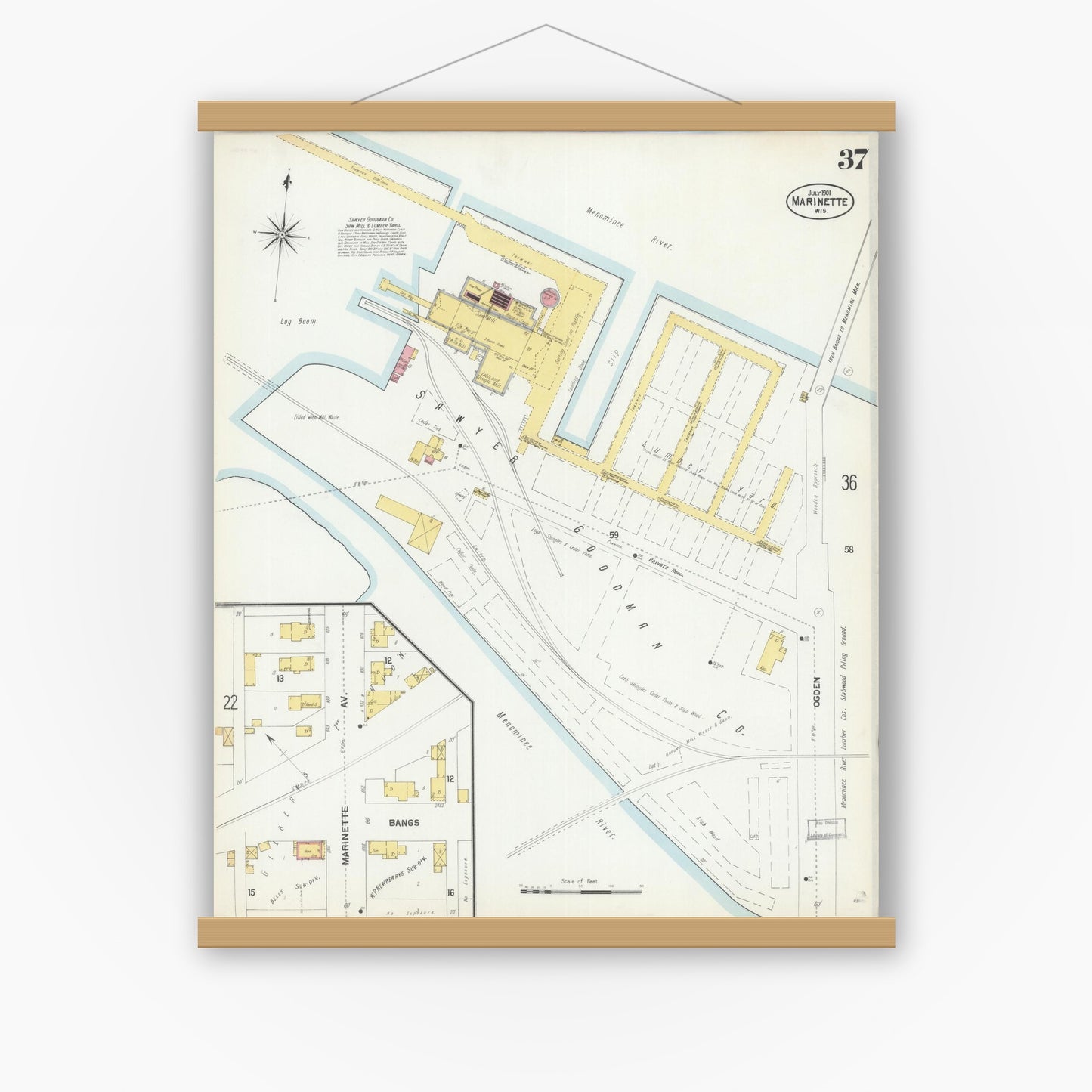 Old map wall art mockup — magnetic wood frame on white wall — Sanborn Fire Insurance Map from Marinette, Marinette County, Wisconsin (1901), Sheet #0037