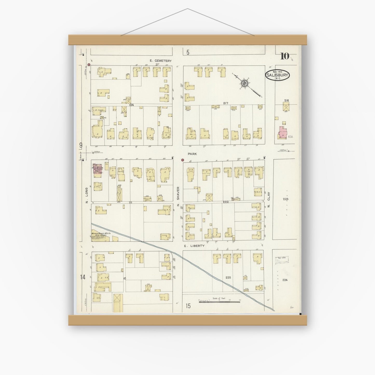 Old map wall art mockup — magnetic wood frame on white wall — Sanborn Fire Insurance Map from Salisbury, Rowan County, North Carolina (1913), Sheet #0010