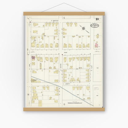 Old map wall art mockup — magnetic wood frame on white wall — Sanborn Fire Insurance Map from Salisbury, Rowan County, North Carolina (1913), Sheet #0010