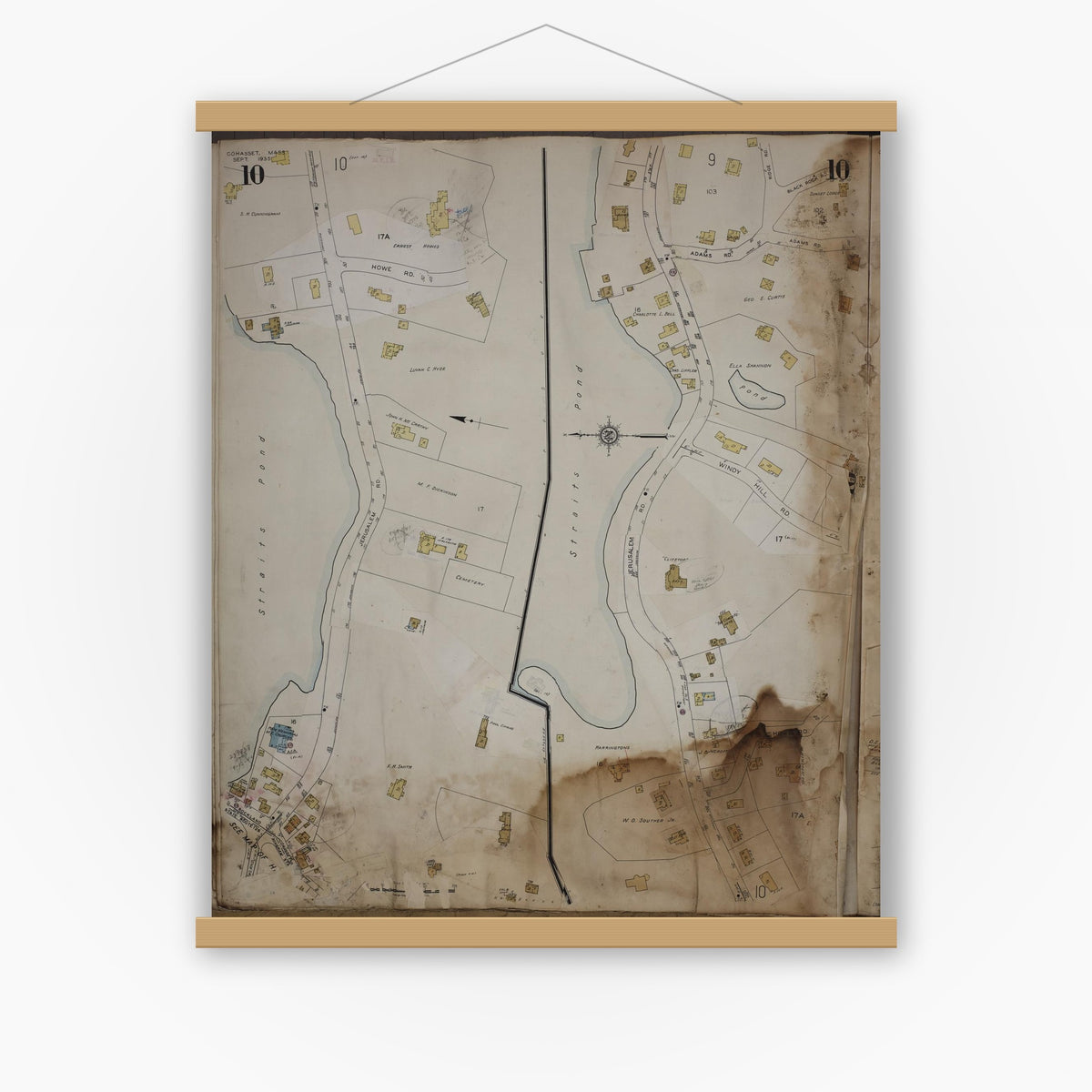 Old map wall art mockup — magnetic wood frame on white wall — Sanborn Fire Insurance Map from Cohasset, Norfolk County, Massachusetts (1963), Sheet #0010
