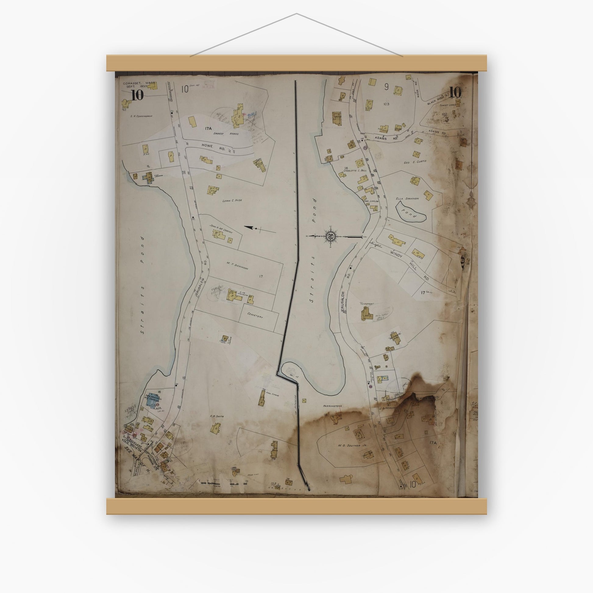 Old map wall art mockup — magnetic wood frame on white wall — Sanborn Fire Insurance Map from Cohasset, Norfolk County, Massachusetts (1963), Sheet #0010