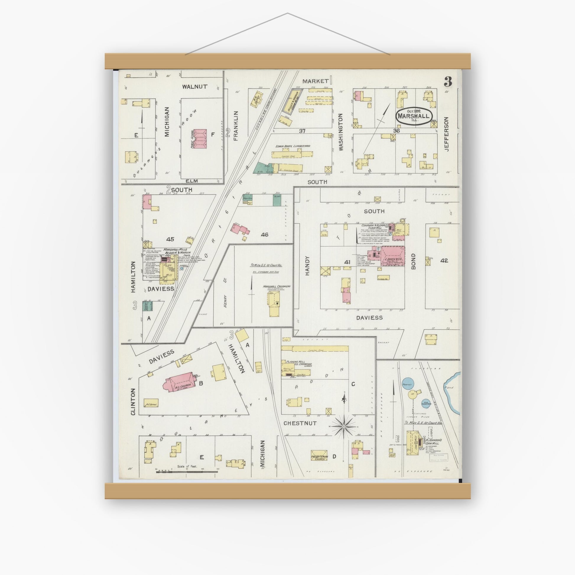 Old map wall art mockup — magnetic wood frame on white wall — Sanborn Fire Insurance Map from Marshall, Clark County, Illinois (1892), Sheet #0003
