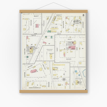 Old map wall art mockup — magnetic wood frame on white wall — Sanborn Fire Insurance Map from Marshall, Clark County, Illinois (1892), Sheet #0003