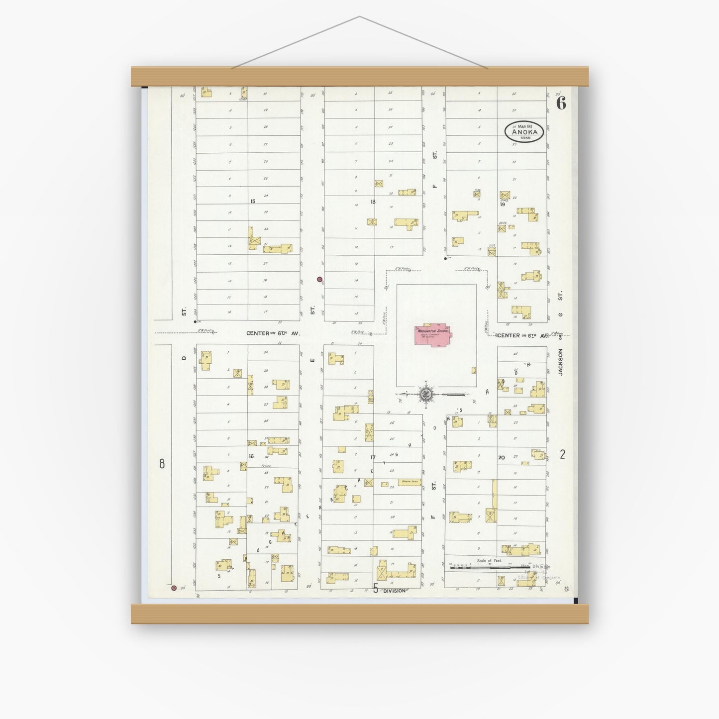 Old map wall art mockup — magnetic wood frame on white wall — Sanborn Fire Insurance Map from Anoka, Anoka County, Minnesota (1911), Sheet #0006