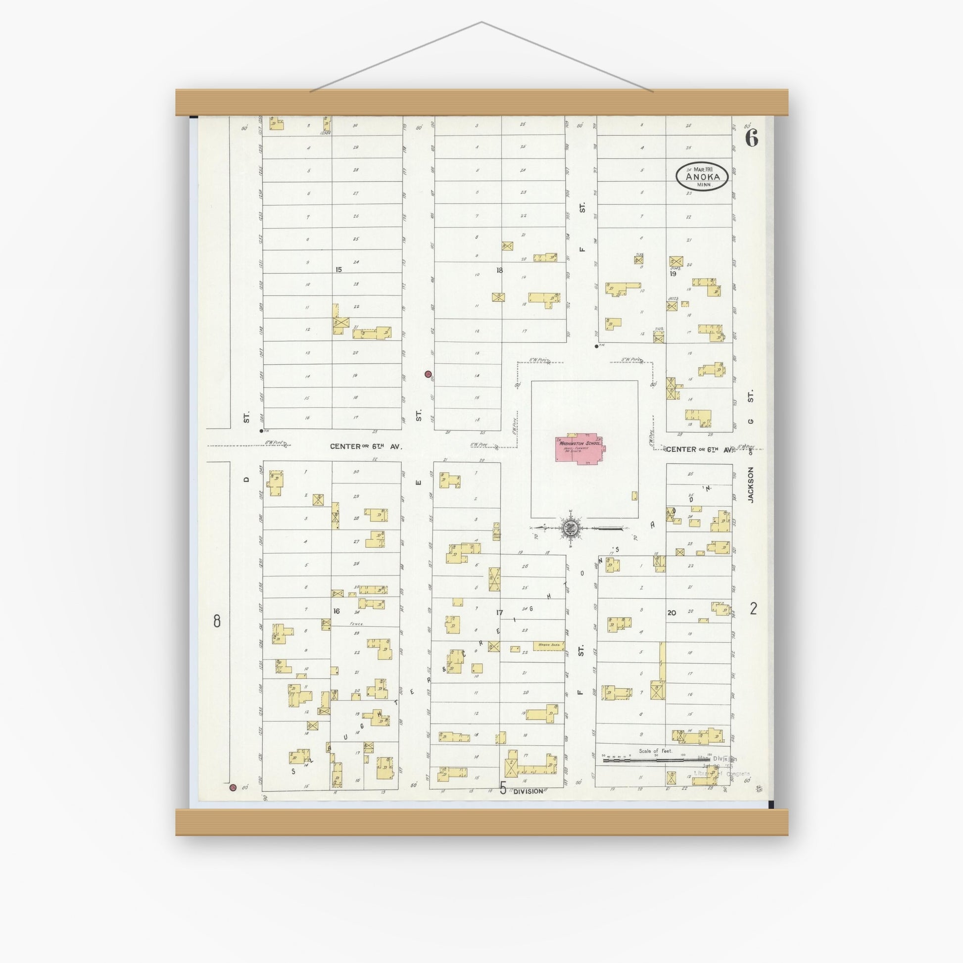 Old map wall art mockup — magnetic wood frame on white wall — Sanborn Fire Insurance Map from Anoka, Anoka County, Minnesota (1911), Sheet #0006